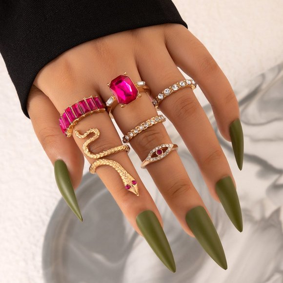 3/$35 6 pcs Stacked Joint Knuckle Finger Ring Set Pink Diamond Gemstone Snake - Picture 1 of 5